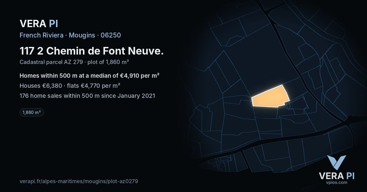117 2 Chemin de Font Neuve, Mougins at night – the plot lit, the parcels around coloured by the prices near them