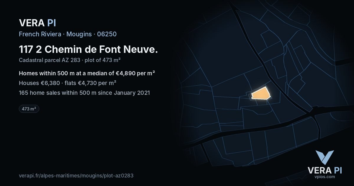 117 2 Chemin de Font Neuve, Mougins at night – the plot lit, the parcels around coloured by the prices near them
