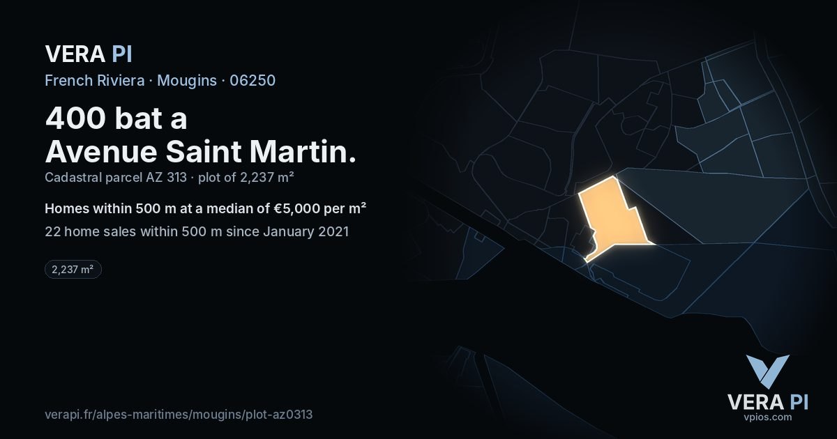 400 bat a Avenue Saint Martin, Mougins at night – the plot lit, the parcels around coloured by the prices near them