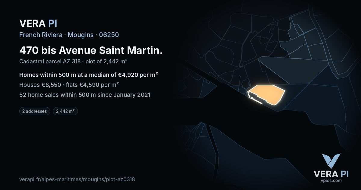 470 bis Avenue Saint Martin, Mougins at night – the plot lit, the parcels around coloured by the prices near them