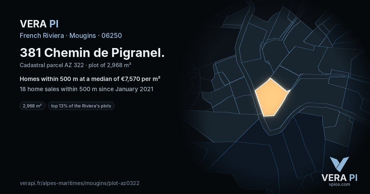 381 Chemin de Pigranel, Mougins at night – the plot lit, the parcels around coloured by the prices near them