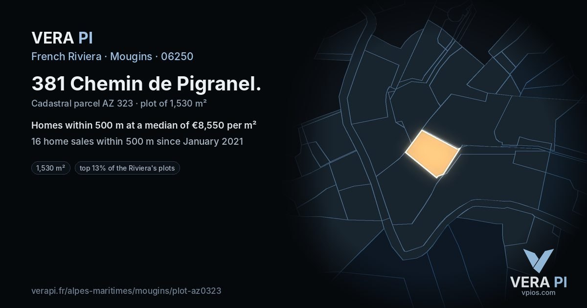 381 Chemin de Pigranel, Mougins at night – the plot lit, the parcels around coloured by the prices near them