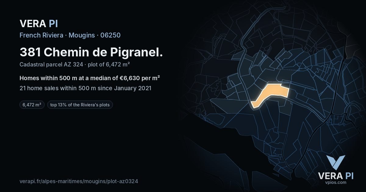 381 Chemin de Pigranel, Mougins at night – the plot lit, the parcels around coloured by the prices near them