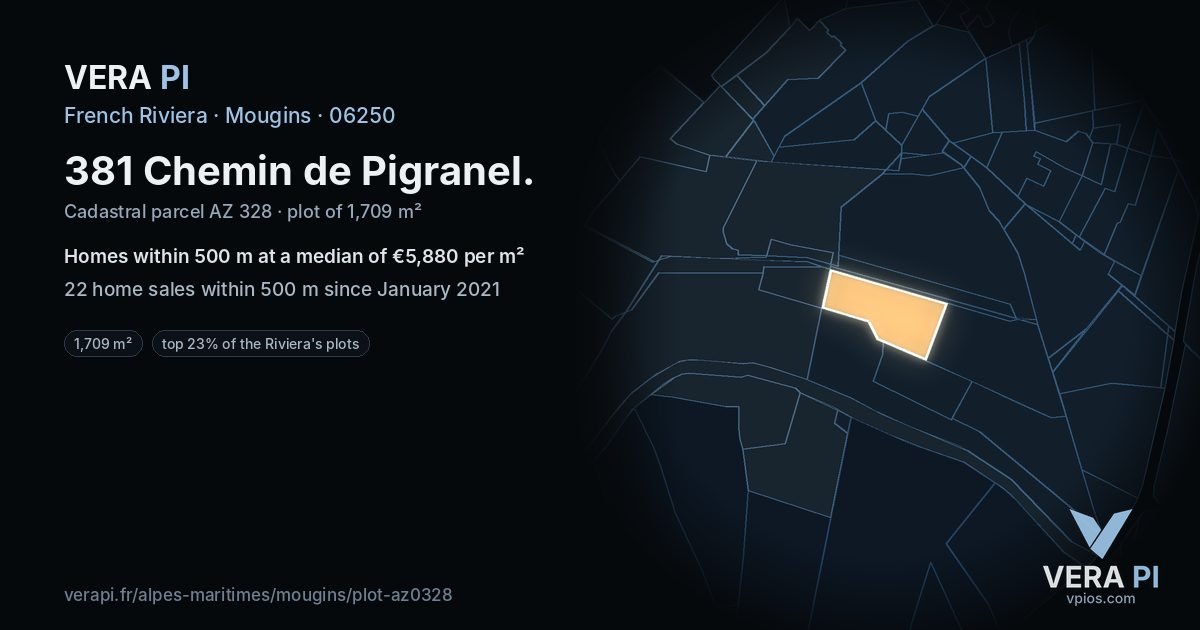 381 Chemin de Pigranel, Mougins at night – the plot lit, the parcels around coloured by the prices near them
