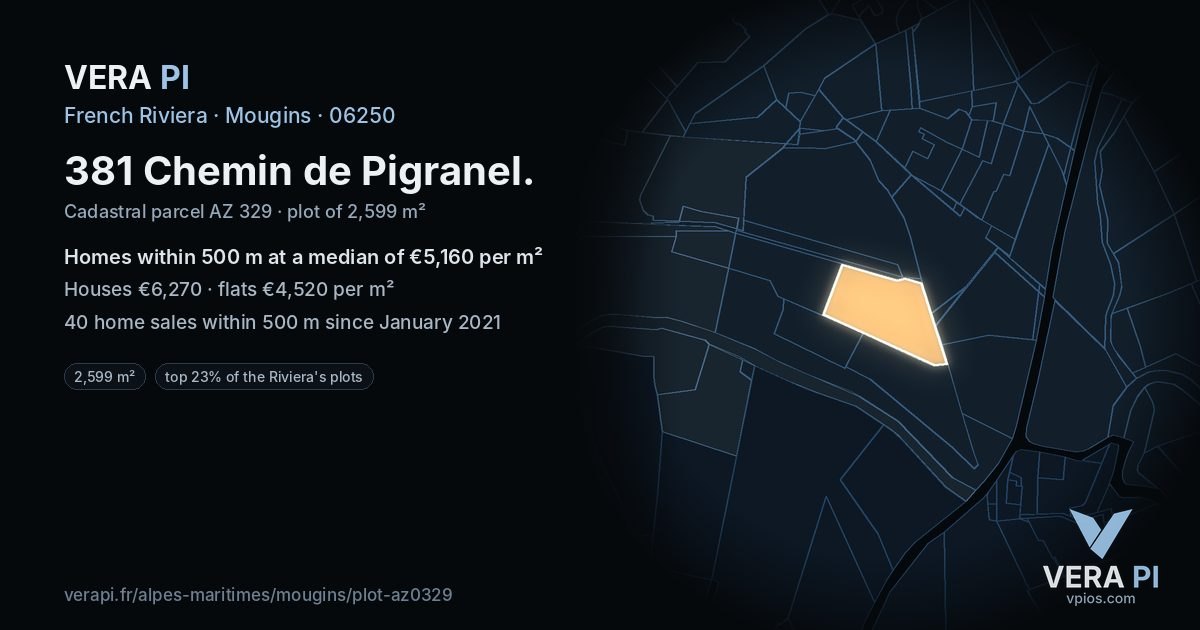 381 Chemin de Pigranel, Mougins at night – the plot lit, the parcels around coloured by the prices near them