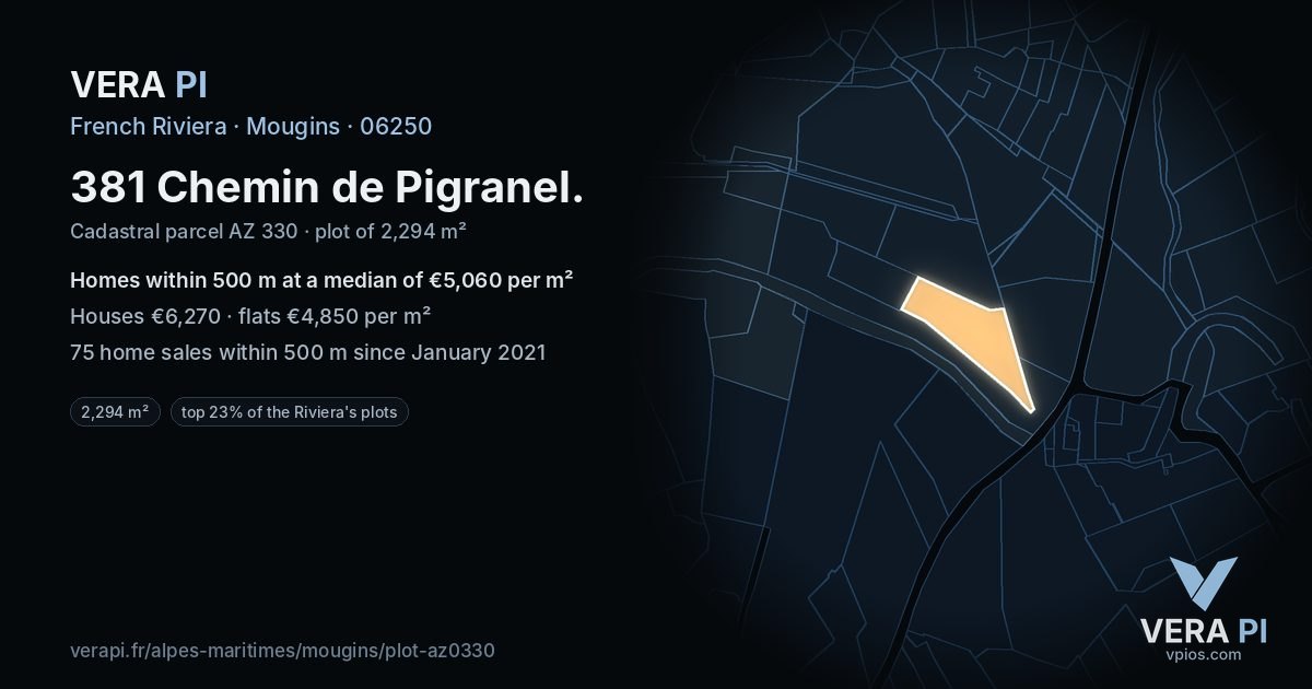 381 Chemin de Pigranel, Mougins at night – the plot lit, the parcels around coloured by the prices near them