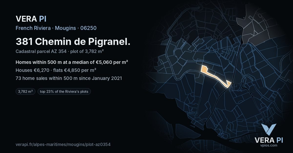 381 Chemin de Pigranel, Mougins at night – the plot lit, the parcels around coloured by the prices near them