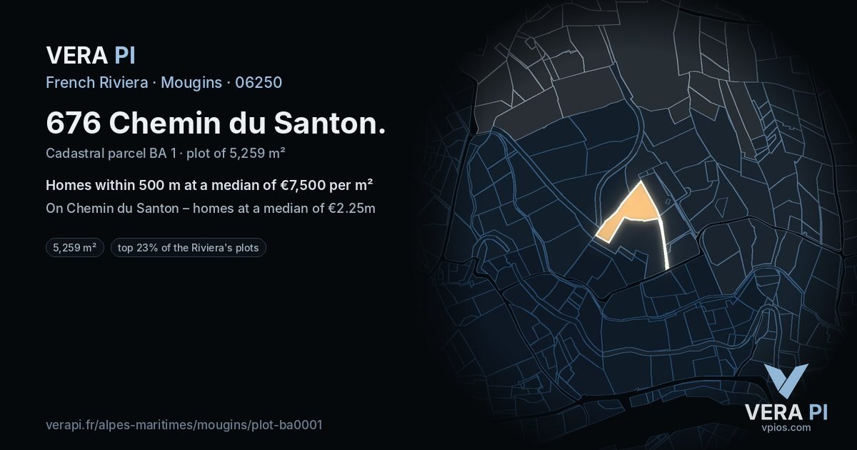676 Chemin du Santon, Mougins at night – the plot lit, the parcels around coloured by the prices near them