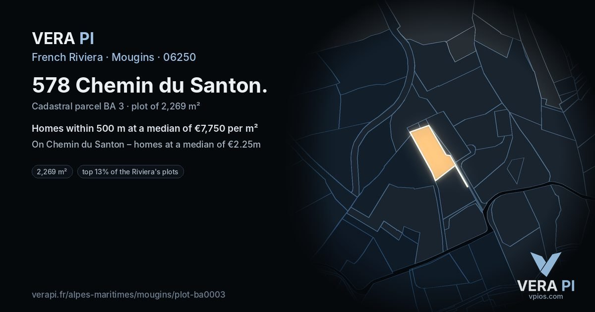 578 Chemin du Santon, Mougins at night – the plot lit, the parcels around coloured by the prices near them