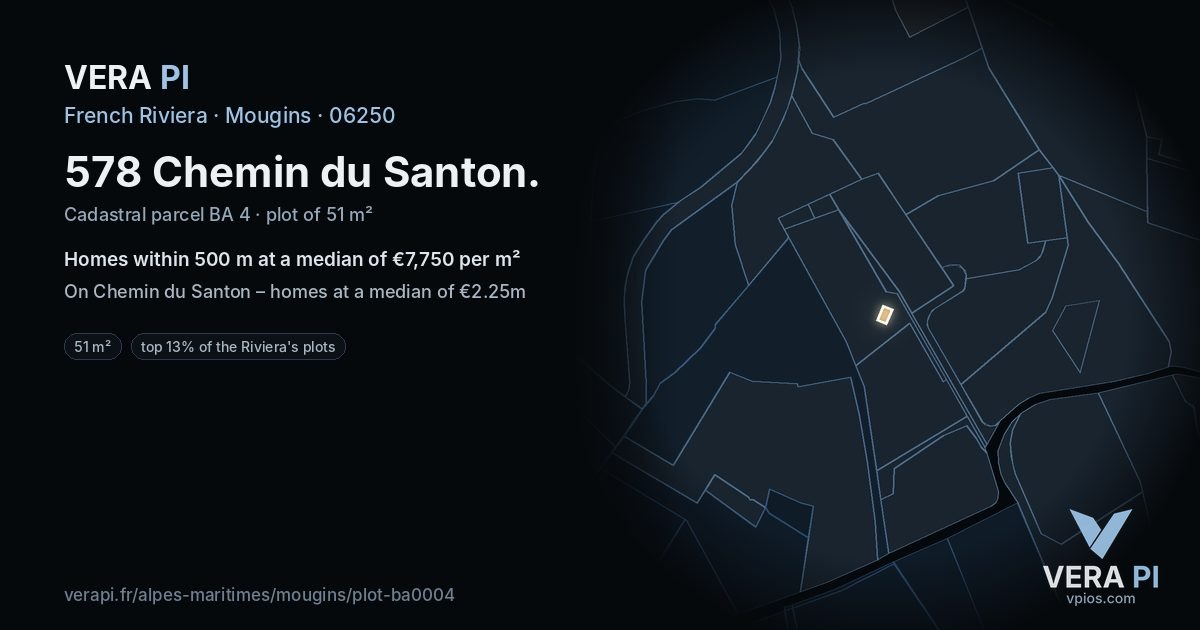 578 Chemin du Santon, Mougins at night – the plot lit, the parcels around coloured by the prices near them