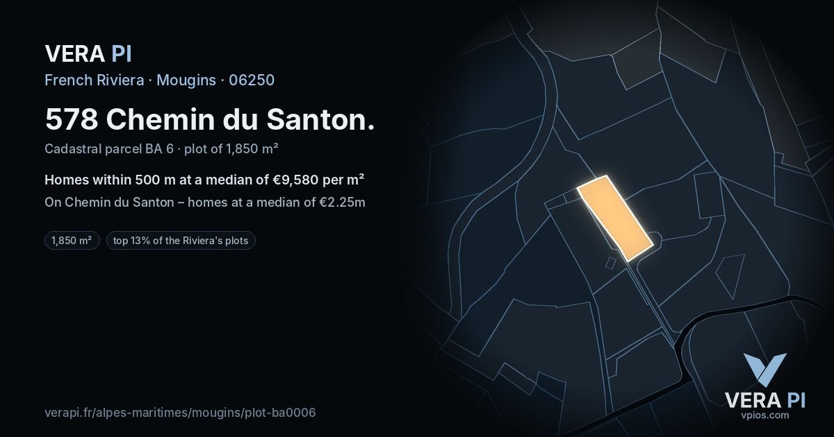 578 Chemin du Santon, Mougins at night – the plot lit, the parcels around coloured by the prices near them