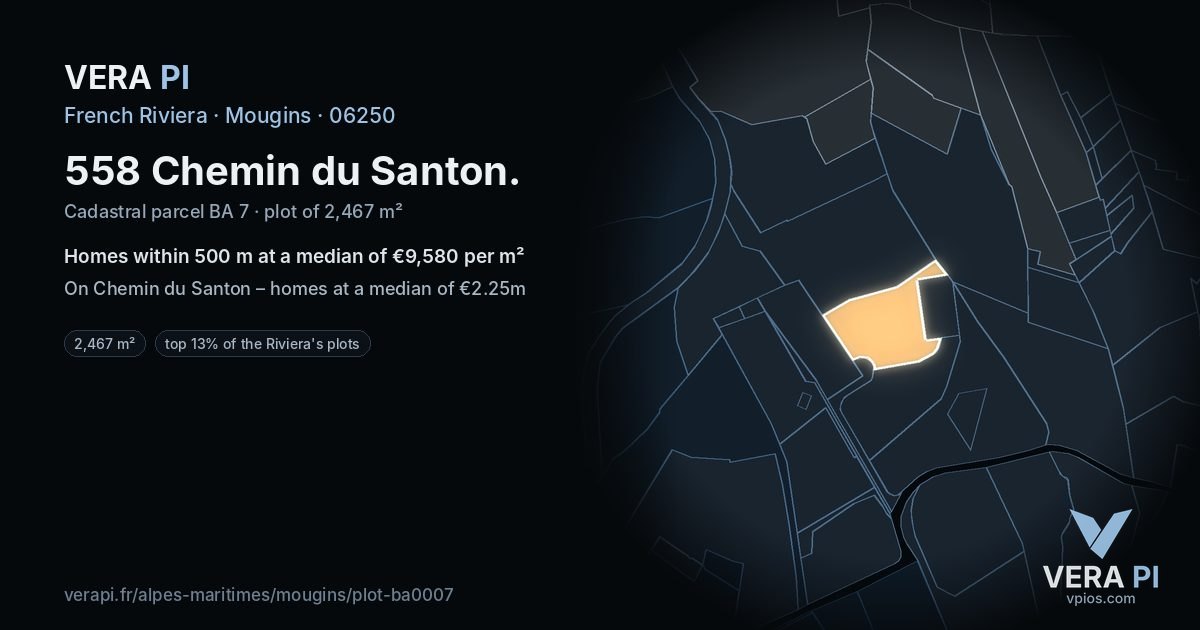 558 Chemin du Santon, Mougins at night – the plot lit, the parcels around coloured by the prices near them