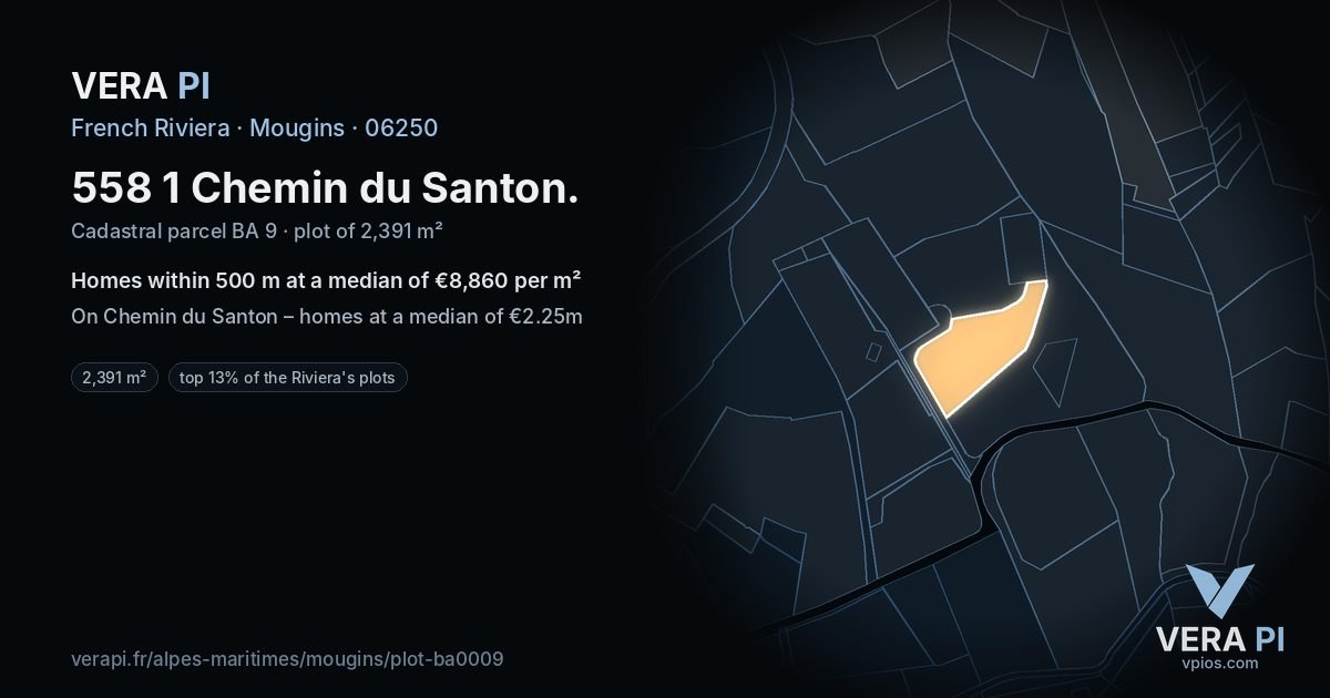 558 1 Chemin du Santon, Mougins at night – the plot lit, the parcels around coloured by the prices near them