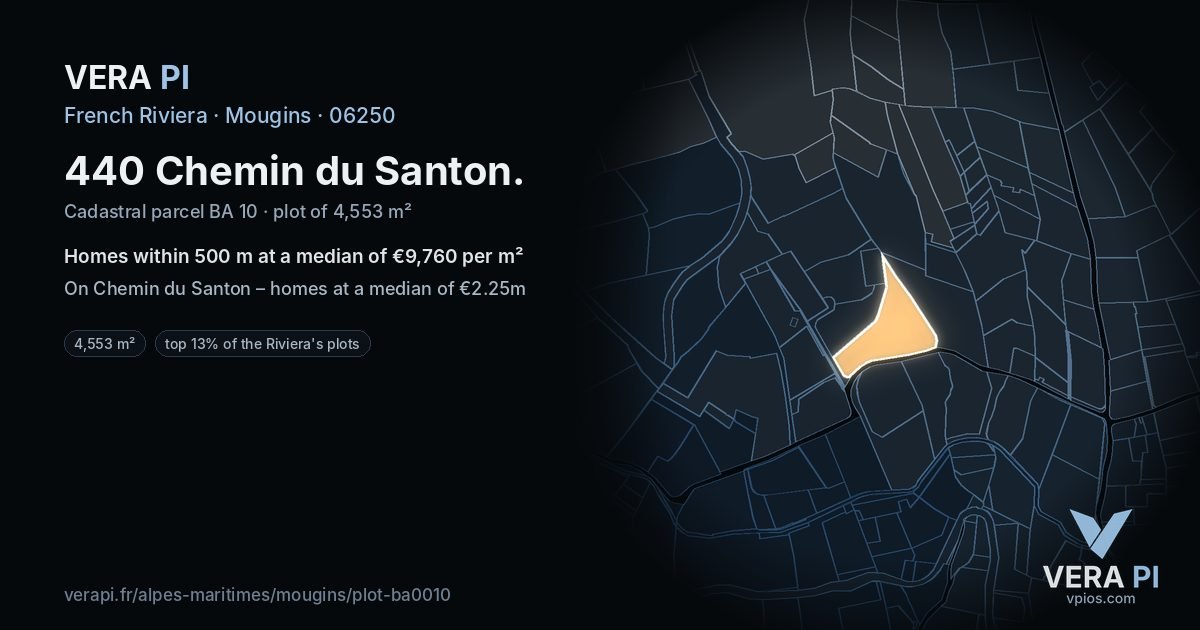440 Chemin du Santon, Mougins at night – the plot lit, the parcels around coloured by the prices near them