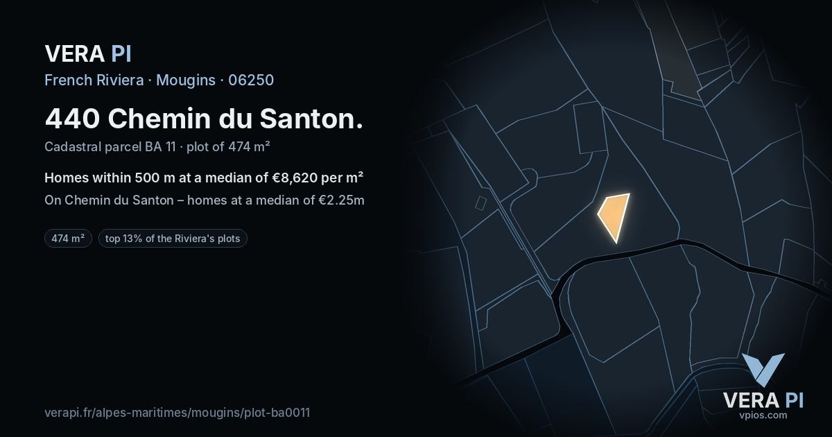 440 Chemin du Santon, Mougins at night – the plot lit, the parcels around coloured by the prices near them