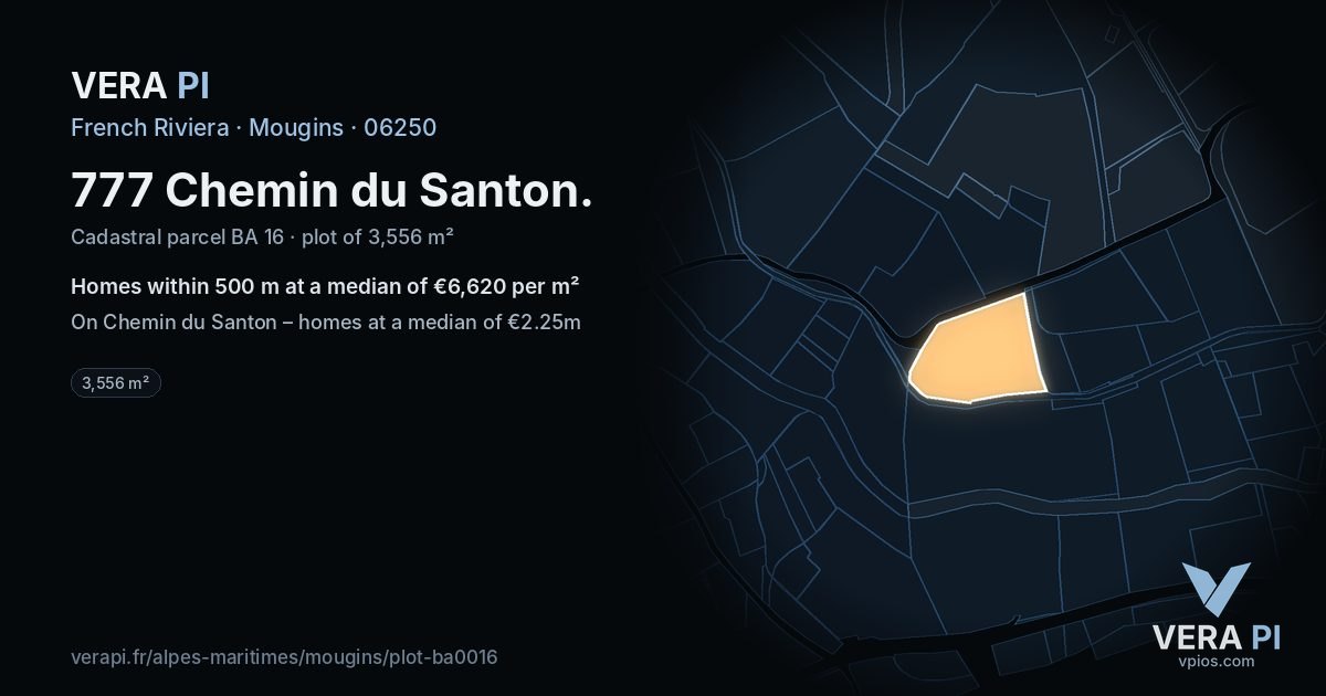 777 Chemin du Santon, Mougins at night – the plot lit, the parcels around coloured by the prices near them