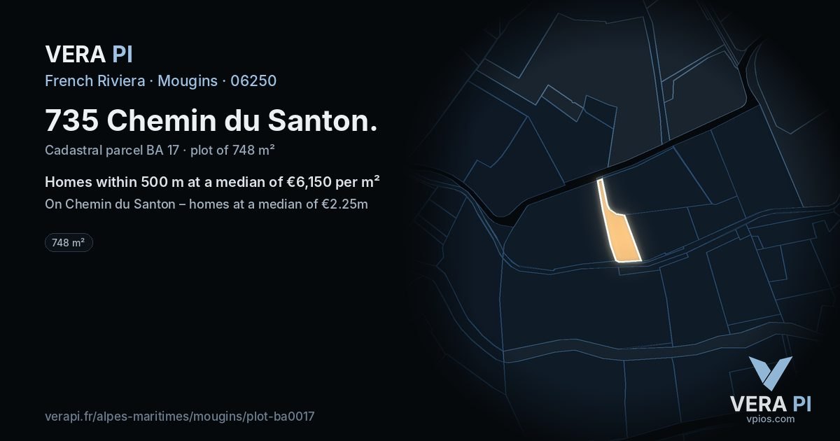 735 Chemin du Santon, Mougins at night – the plot lit, the parcels around coloured by the prices near them