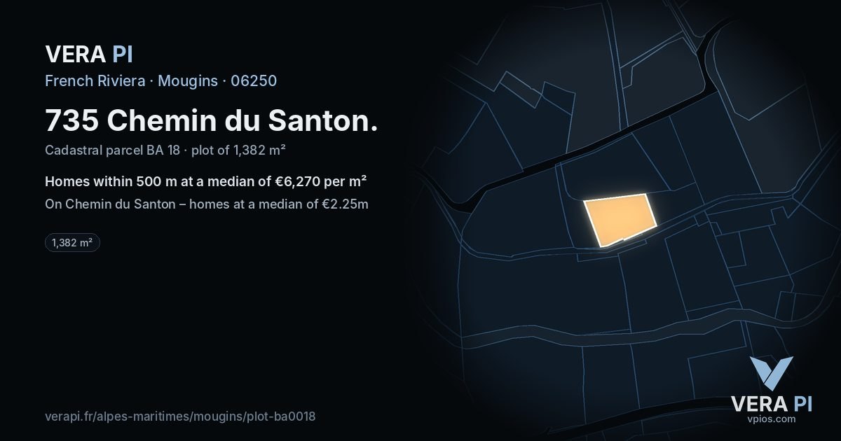 735 Chemin du Santon, Mougins at night – the plot lit, the parcels around coloured by the prices near them