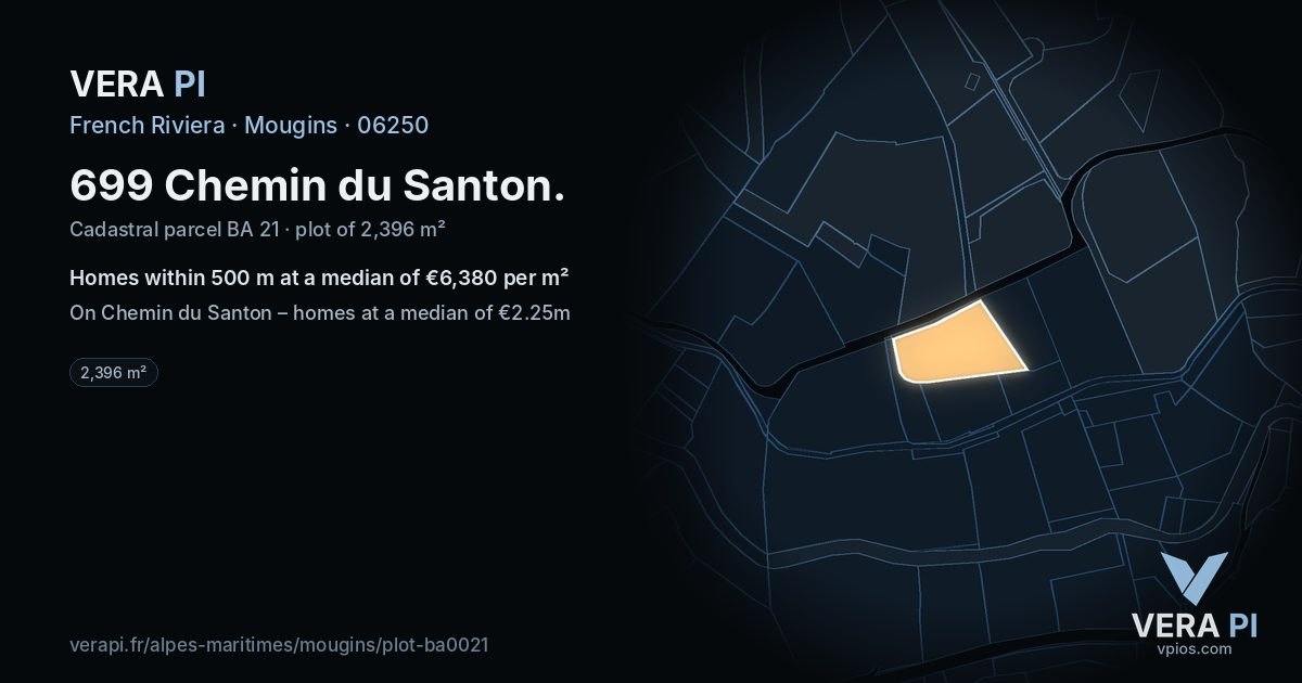 699 Chemin du Santon, Mougins at night – the plot lit, the parcels around coloured by the prices near them