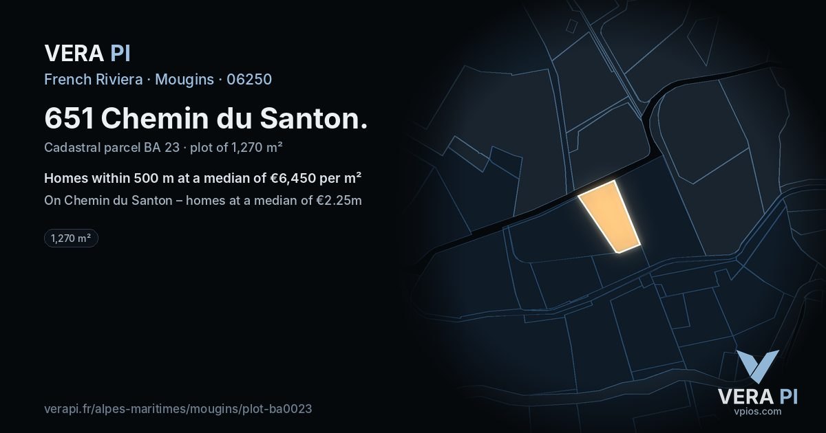 651 Chemin du Santon, Mougins at night – the plot lit, the parcels around coloured by the prices near them