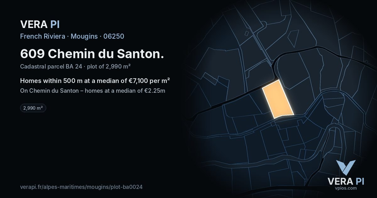 609 Chemin du Santon, Mougins at night – the plot lit, the parcels around coloured by the prices near them