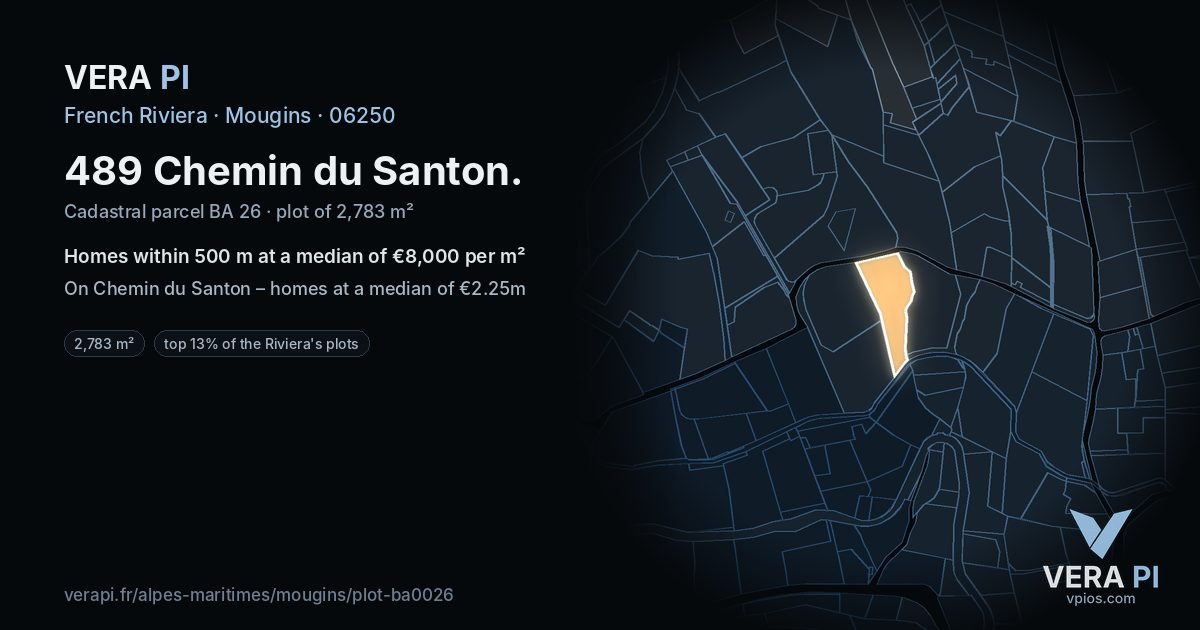 489 Chemin du Santon, Mougins at night – the plot lit, the parcels around coloured by the prices near them