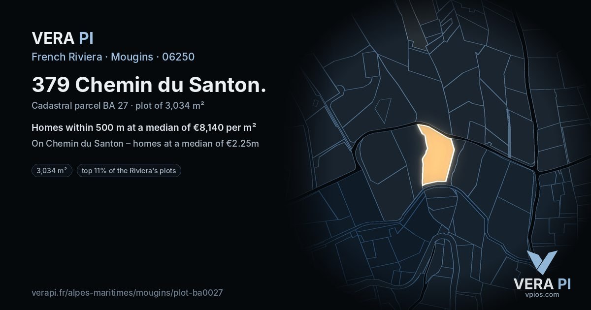 379 Chemin du Santon, Mougins at night – the plot lit, the parcels around coloured by the prices near them