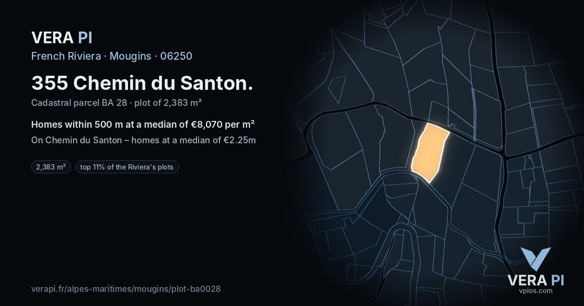 355 Chemin du Santon, Mougins at night – the plot lit, the parcels around coloured by the prices near them