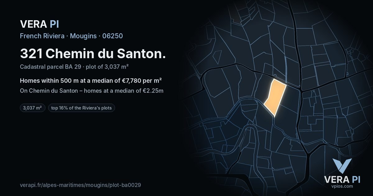 321 Chemin du Santon, Mougins at night – the plot lit, the parcels around coloured by the prices near them