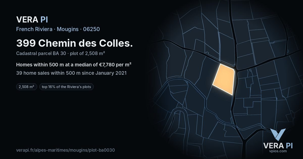 399 Chemin des Colles, Mougins at night – the plot lit, the parcels around coloured by the prices near them