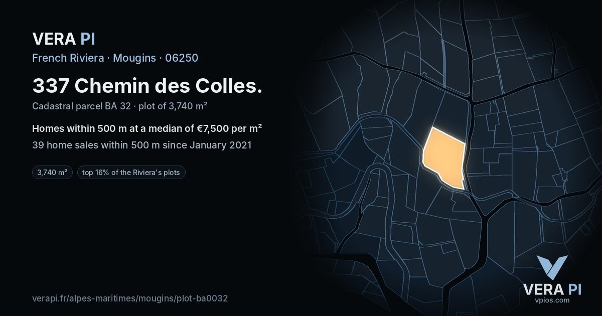 337 Chemin des Colles, Mougins at night – the plot lit, the parcels around coloured by the prices near them