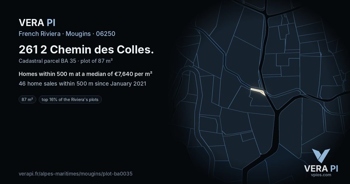 261 2 Chemin des Colles, Mougins at night – the plot lit, the parcels around coloured by the prices near them
