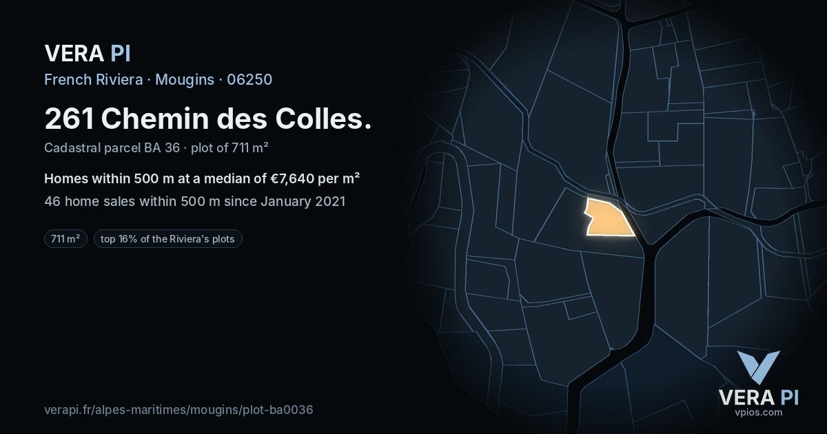 261 Chemin des Colles, Mougins at night – the plot lit, the parcels around coloured by the prices near them