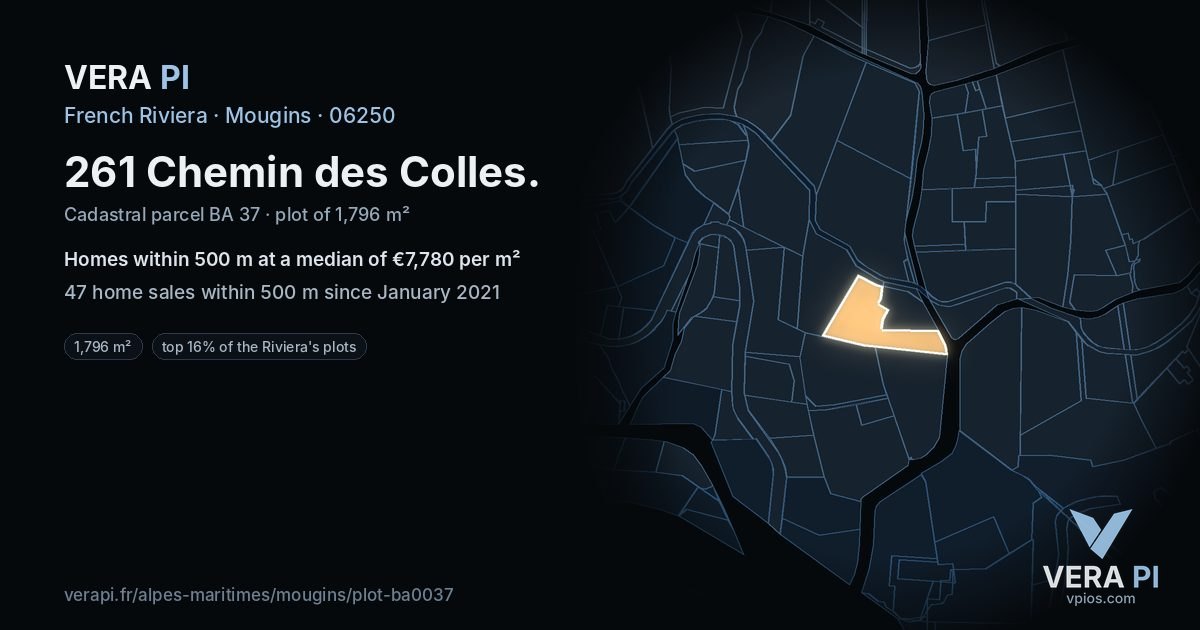 261 Chemin des Colles, Mougins at night – the plot lit, the parcels around coloured by the prices near them