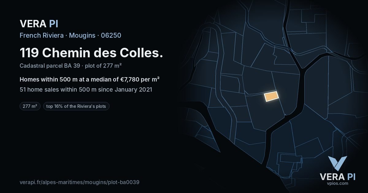 119 Chemin des Colles, Mougins at night – the plot lit, the parcels around coloured by the prices near them