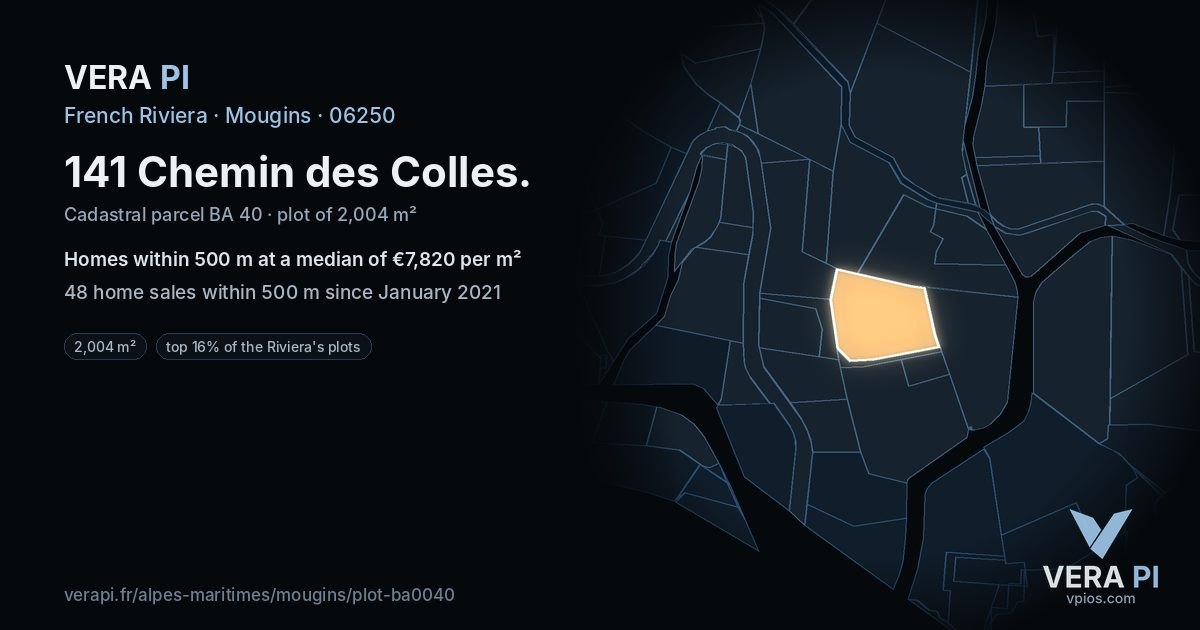 141 Chemin des Colles, Mougins at night – the plot lit, the parcels around coloured by the prices near them