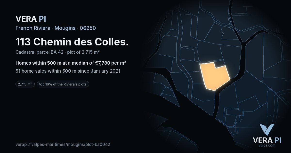 113 Chemin des Colles, Mougins at night – the plot lit, the parcels around coloured by the prices near them