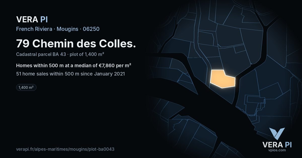 79 Chemin des Colles, Mougins at night – the plot lit, the parcels around coloured by the prices near them