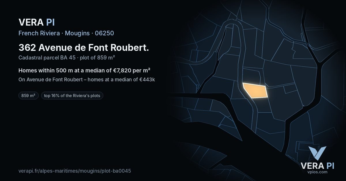 362 Avenue de Font Roubert, Mougins at night – the plot lit, the parcels around coloured by the prices near them