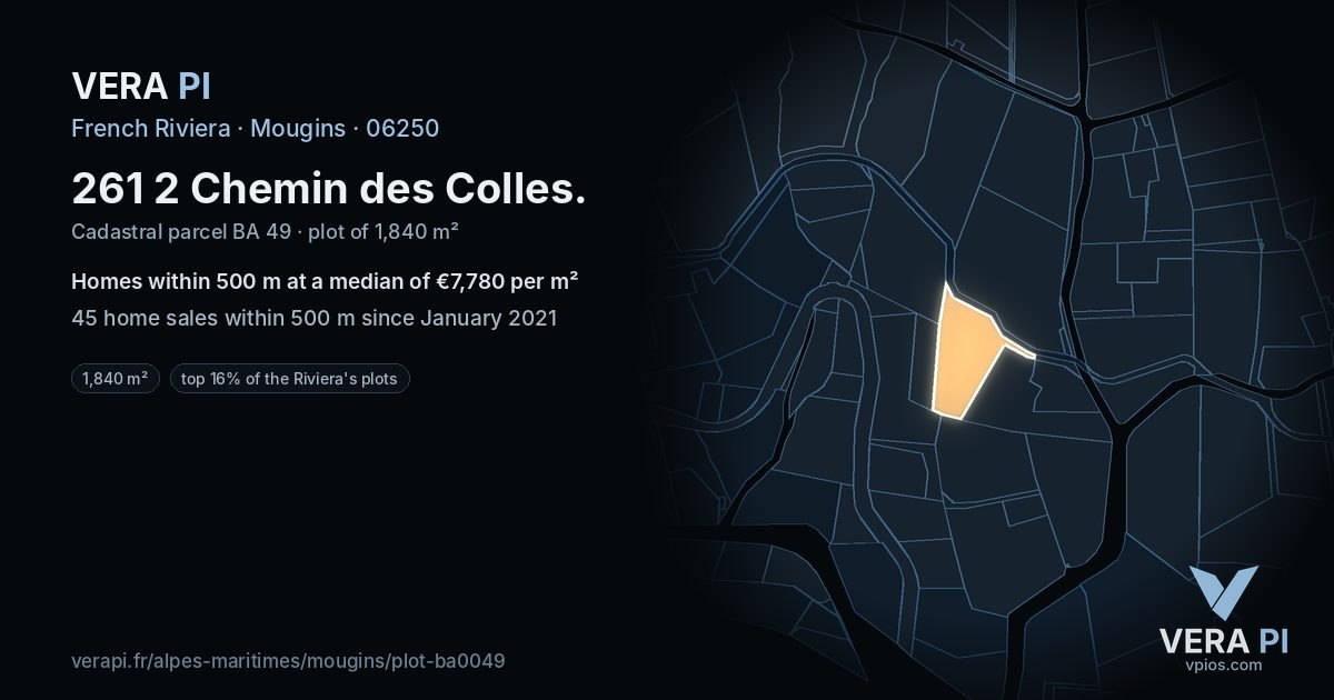 261 2 Chemin des Colles, Mougins at night – the plot lit, the parcels around coloured by the prices near them