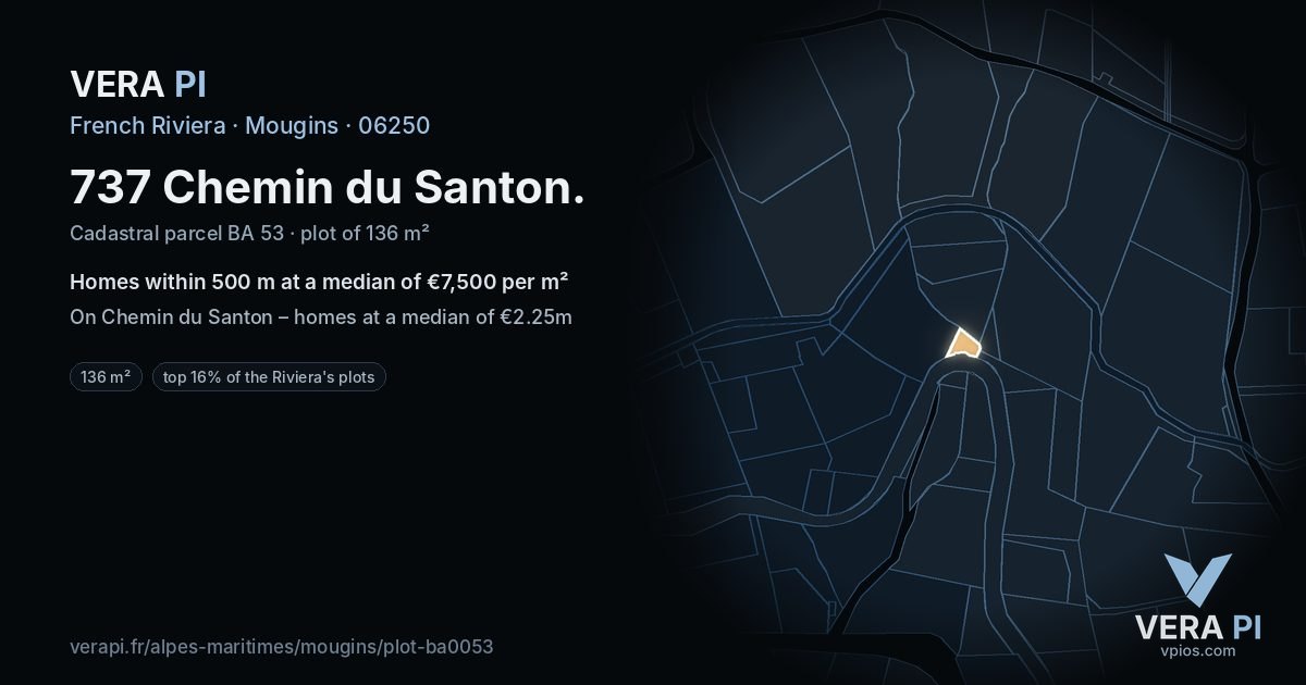 737 Chemin du Santon, Mougins at night – the plot lit, the parcels around coloured by the prices near them