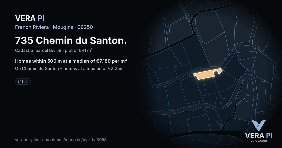 735 Chemin du Santon, Mougins at night – the plot lit, the parcels around coloured by the prices near them