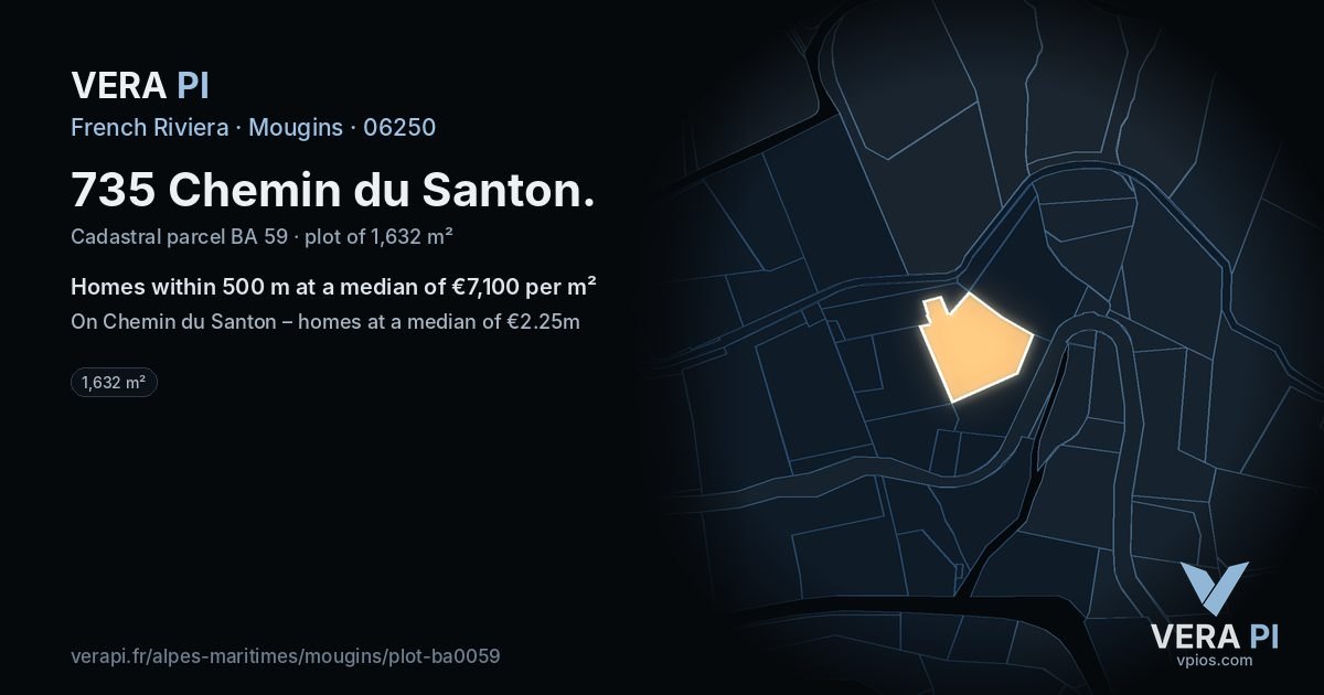 735 Chemin du Santon, Mougins at night – the plot lit, the parcels around coloured by the prices near them