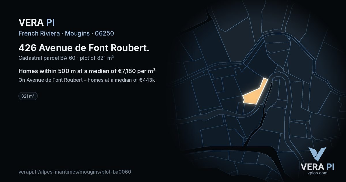 426 Avenue de Font Roubert, Mougins at night – the plot lit, the parcels around coloured by the prices near them
