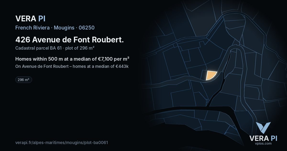 426 Avenue de Font Roubert, Mougins at night – the plot lit, the parcels around coloured by the prices near them