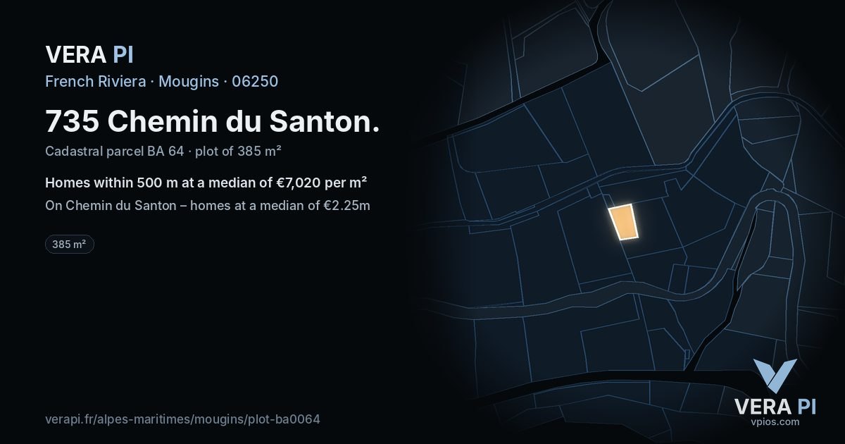 735 Chemin du Santon, Mougins at night – the plot lit, the parcels around coloured by the prices near them
