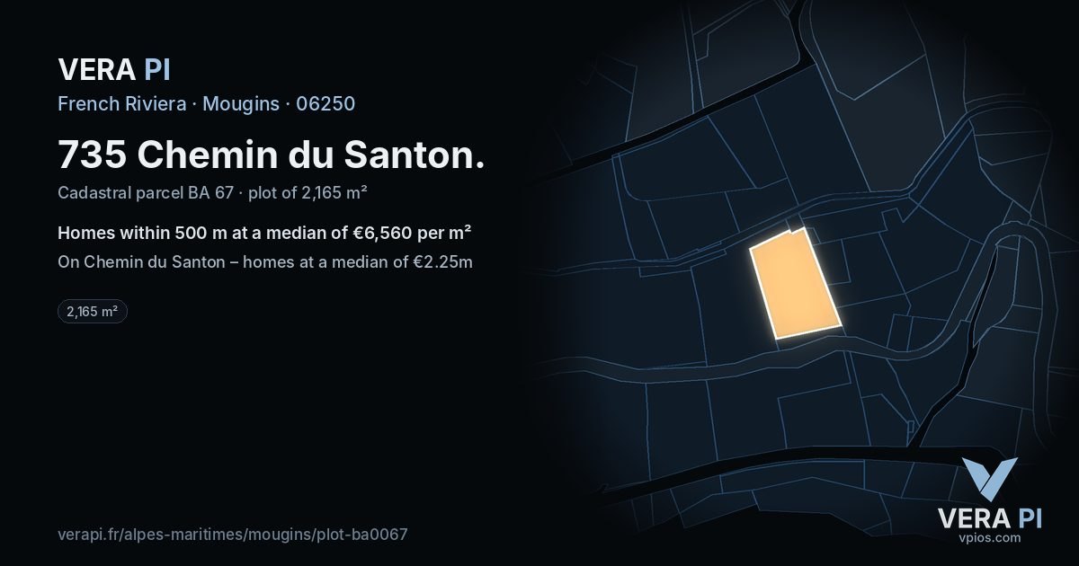 735 Chemin du Santon, Mougins at night – the plot lit, the parcels around coloured by the prices near them