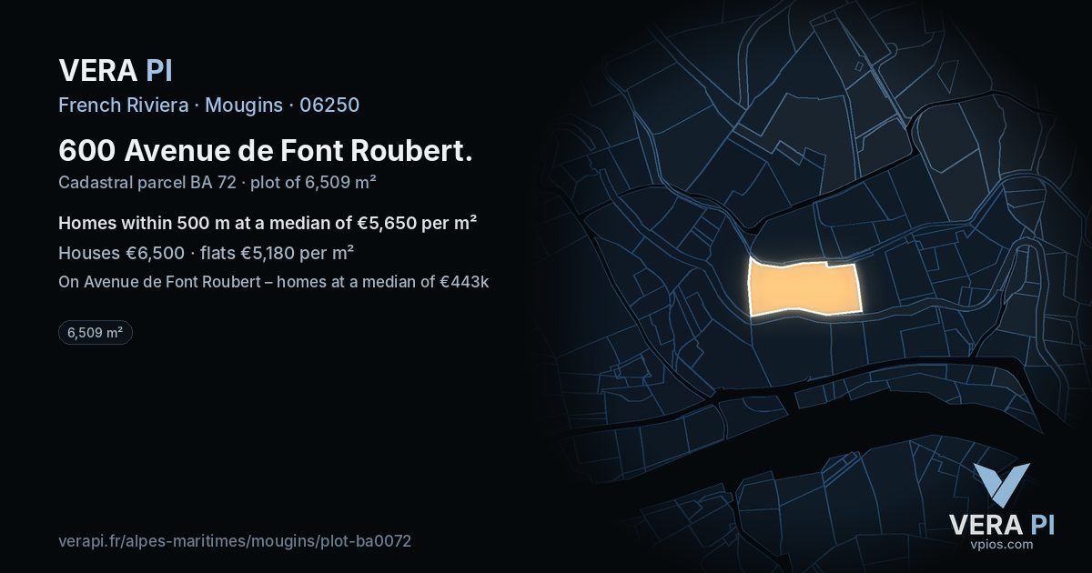 600 Avenue de Font Roubert, Mougins at night – the plot lit, the parcels around coloured by the prices near them