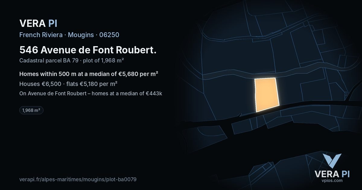 546 Avenue de Font Roubert, Mougins at night – the plot lit, the parcels around coloured by the prices near them