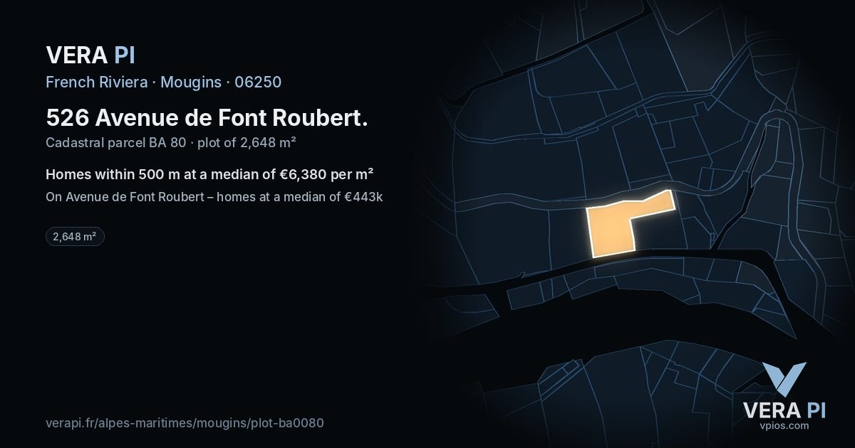 526 Avenue de Font Roubert, Mougins at night – the plot lit, the parcels around coloured by the prices near them